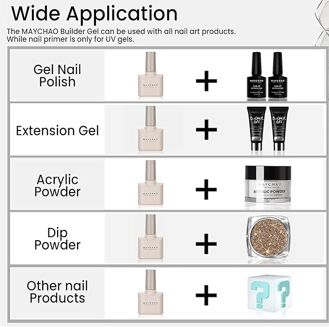 MAYCHAO 15ML Builder Nail Gel 5 in 1 Clear Builder Strengthener Gel Nail Polish for Nail Extension, Hard Builder Base Coat Rhinestone for Valtines Home Manicure, 0.5 OZ