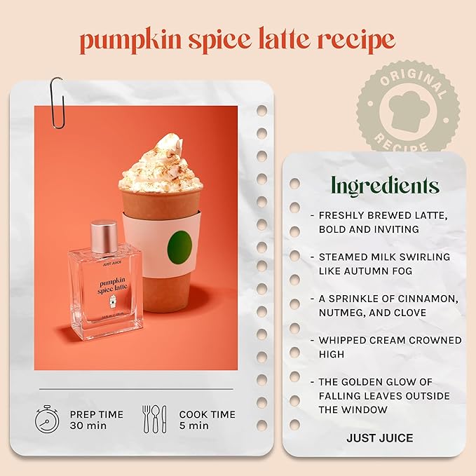 Just Juice Pumpkin Spice Latte - Warm Vanilla Perfume for Women and Men - Mini Travel Perfume with Nutmeg, Cinnamon, Tonka Bean - 0.33 oz