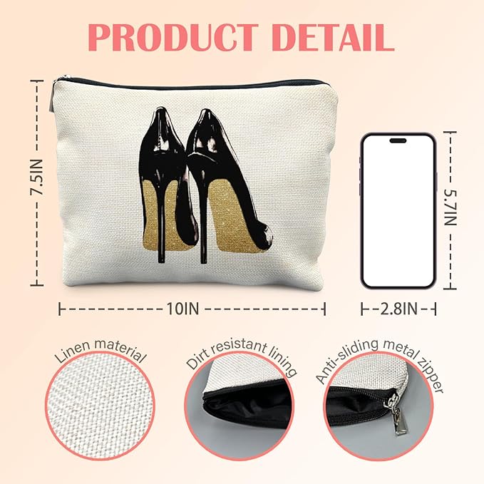 Trendy Black and Gold Makeup Bag for Women, Fashion Glitter High Heels Modern Aesthetic Cosmetic Bag for Purse, Trendy Girly Makeup Zipper Pouch
