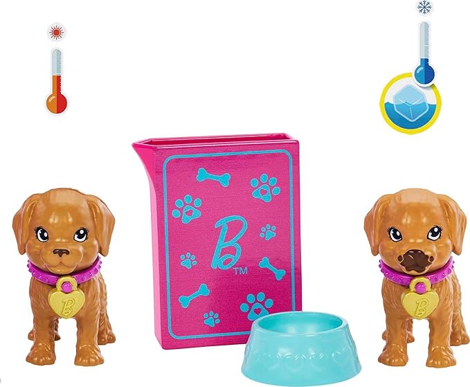 Barbie Pup Adoption Playset with Brunette Fashion Doll in Pink Dress, 2 Pets, Carrier & 10 Accessories, Color-Change Feature