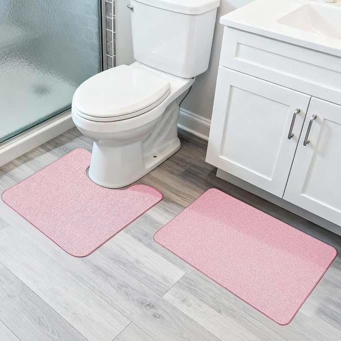 Bathroom Rugs Set 2 Pieces,Thin Bathroom Mats,Toilet Rugs,Quick Dry,Non-Slip,Machine Washable,Low Pile,Absorbent Bath Mats,Shower,Sink,Home Decor Accessories.Pink,1'5"x2'3"+1'8"x2" U Shape