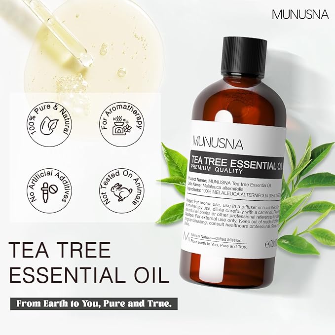 Tea Tree Essential Oil 100ML, 100% Pure Natural Tea Tree Oil for Skin, Hair Care, Diffuser, Aromatherapy, Scalp and Body Massage