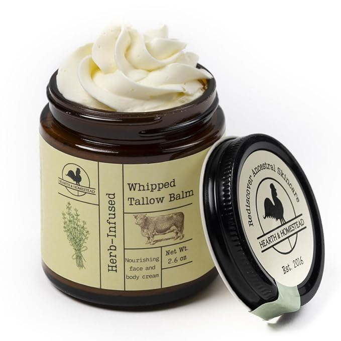 Hearth and Homestead: Handmade Whipped Tallow Balm (Herb-Infused/Unscented) - Large Jar - 2.6 oz