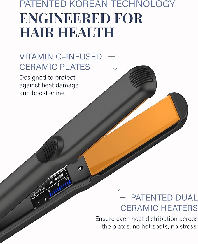 GLAMPALM Hair Straightener 1.25" Wide Ceramic Flat Iron Infused with Vita C, Korea's No.1 Professional Salon Tool for Long Hair, Dual Voltage, 11 Heat Settings(220°–450°), 20s Fast Heat-Up (GP313)
