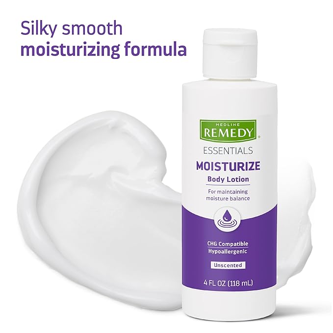 Medline Remedy Essentials Moisturizing Body Lotion (4 oz Bottle), Unscented, Hydrating, Non-Greasy, For Dry Skin, Hypoallergenic, Men, Women, Elderly (Pack of 2)