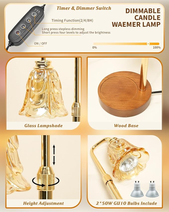 Tulip Candle Warmer Lamp, Adjustable Height, Dimmable Candle Warmer with Timer, Mom Womens Gifts for Birthday, Unique Home Decor Aesthetic (Gold)