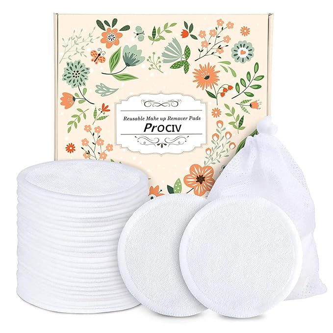 ProCIV Reusable Makeup Remover Pads - 16 Packs Washable Organic Reusable Cotton Rounds for All Skin Types & Toner with Laundry Bag, Zero Waste Reusable Cotton Pads for Face for Woman Gift (White)