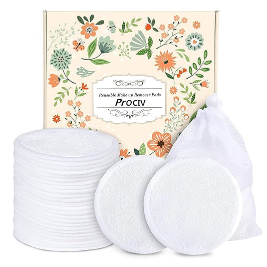 ProCIV Reusable Makeup Remover Pads - 16 Packs Washable Organic Reusable Cotton Rounds for All Skin Types & Toner with Laundry Bag, Zero Waste Reusable Cotton Pads for Face for Woman Gift (White)