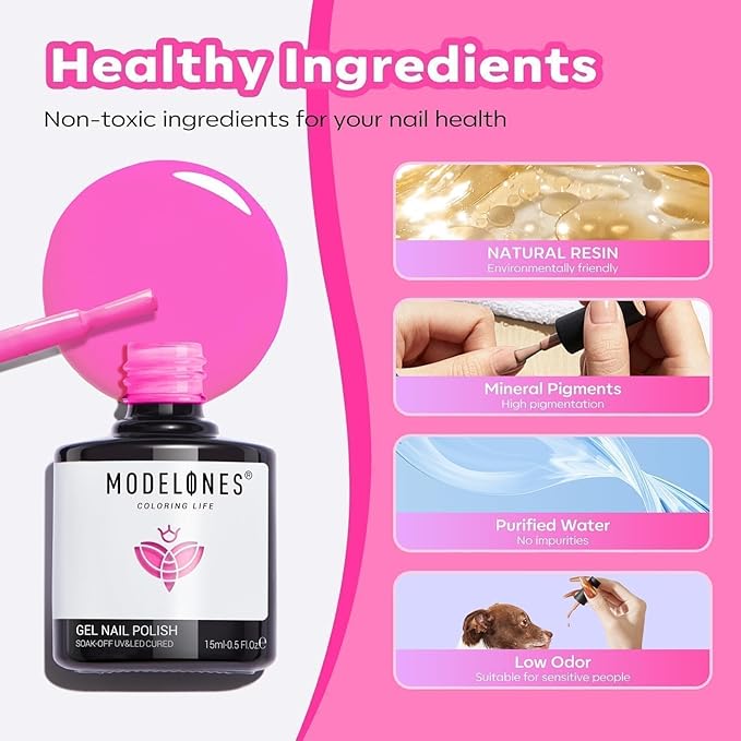 modelones Summer Vibrant Gel Nail Polish, 1Pcs 15 ML Hot Pink Neon Gel Nail Polish Fluorescent Polish Soak Off LED Nail Art DIY Salon Gift for Nail Manicure