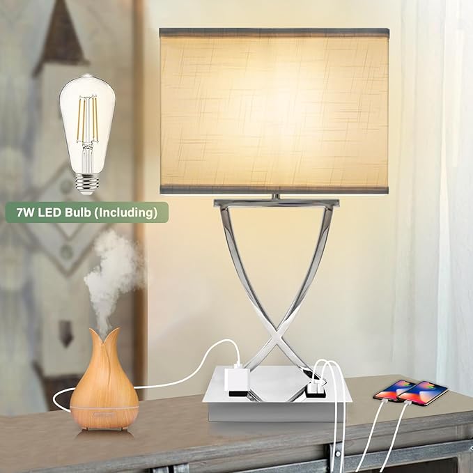 21.38" Table Lamp for Bedroom Living Room 3-Way Dimmable Touch Control Medium Chrome Bedside lamp with USB A+C Ports，Nightstand Lamp with White Linen Shade Bulb Included (White-Chrome)