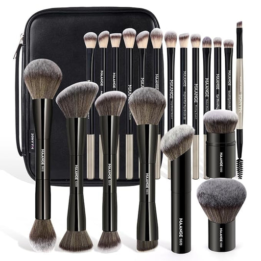MAANGE 20 PCS Makeup Brush Set with Bag, Double-ended Kabuki Brush Foundation Contour Brush for Liquid Powder Concealer Eye Shadows Cream Cosmetics Blending Blush Face Makeup Tools with Case (Black)