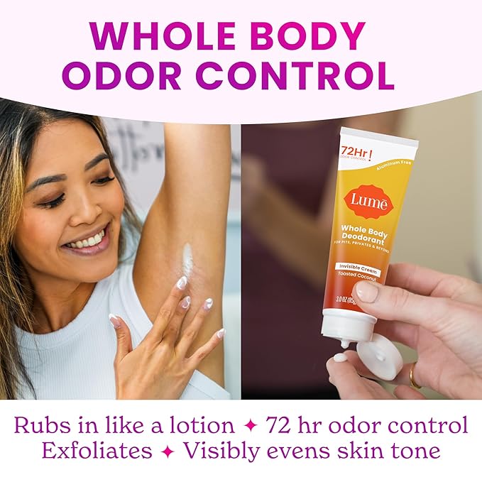 Lume Whole Body Deodorant - Invisible Cream Tube - 72 Hour Odor Control - Aluminum Free, Baking Soda Free, Skin Safe - 3.0 ounce (Pack of 2) (Toasted Coconut)