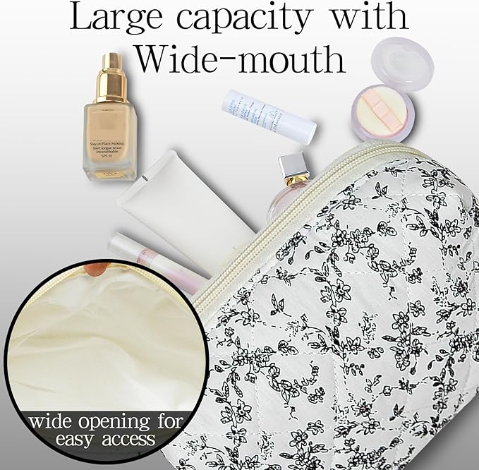 Quilted Makeup Pouch,Cotton Puffy Makeup Bag, Coquette Cosmetic Bag for Women and Girls, Aesthetic Organizer Bag, Cute Flower Travel Toiletry Bag