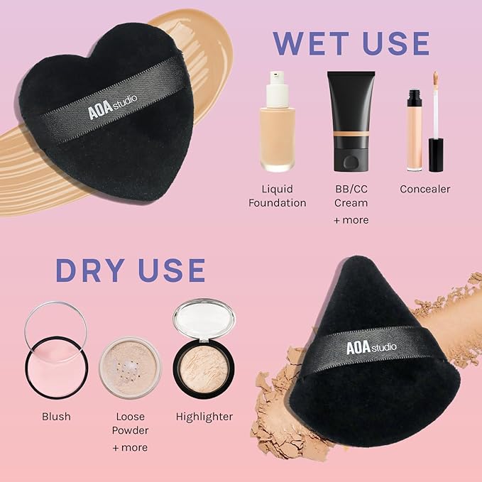 AOA Studio Velvet Puffs Makeup Puff Set of 6 Loose Powder Body Powder, Velour Makeup Blender Sponge Foundation Blending Sponges Set Beauty Makeup Tools(Black/Peach) (Small black/Big black/Heart black)