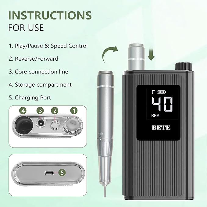 BETE Professional Nail Drill, 40000 RPM Cordless Electric Nail File Kit with 6 Bits, Rechargeable Efile for Acrylic Gel Nails Polishing, Manicure Tools for Salon Home Use, Black