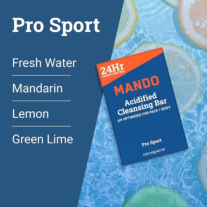 Mando Acidified Cleansing Bar - 24-Hour Odor Control - Removes Odor Better than Soap - Moisturizing Formula - SLS Free, Paraben Free - Safe For Sensitive Skin - Pro Sport