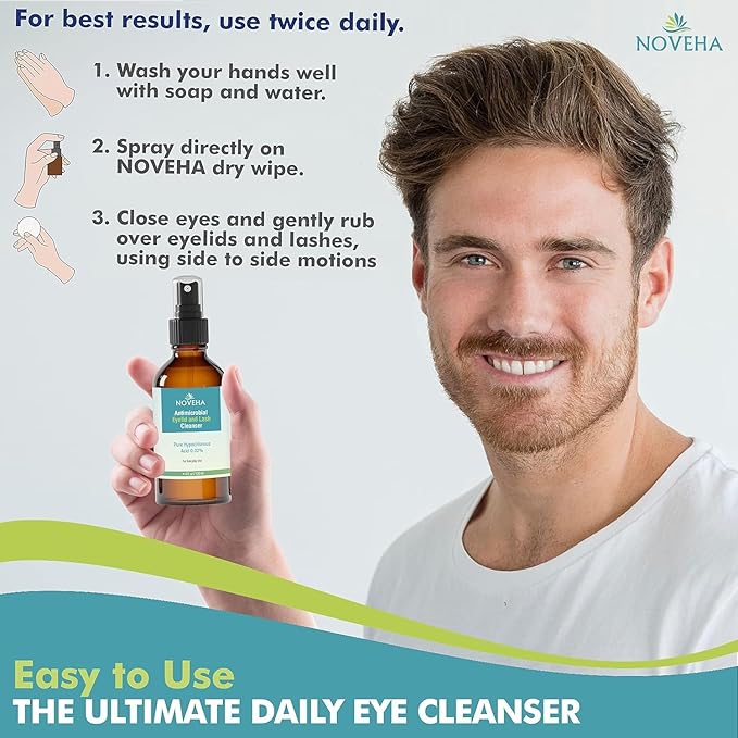 NOVEHA Eyelid Cleanser | Stye Eye Treatment | Lid Cleaning | Dry Eye Relief | Fast Acting Soothing Eyelid Cleansing Formula | Pure and Gentle Lash Hypochlorous Acid Spray (4oz - 2 Pack)