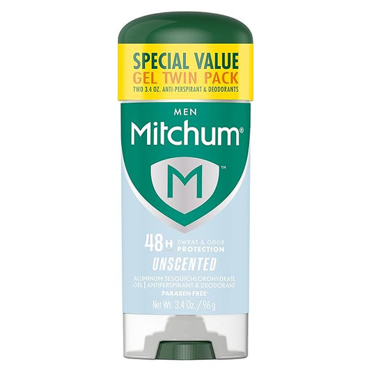 Mitchum Men’s Triple Odor Protection Antiperspirant & Deodorant Gel, Unscented, 48HR Protection, 2 pack