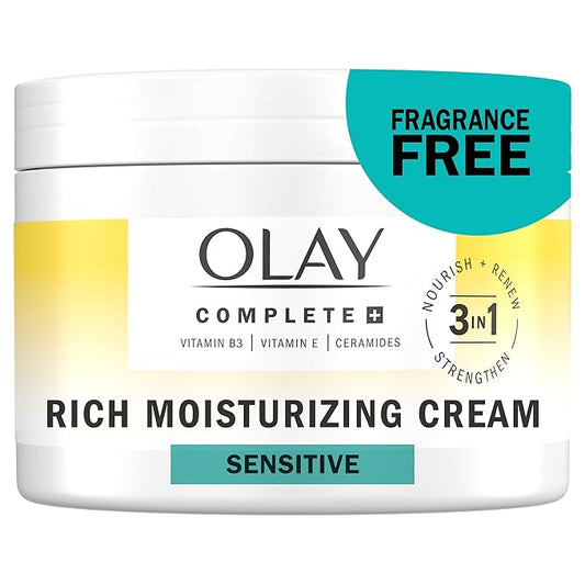 Olay Face Moisturizer, Complete+ Rich Moisturizing Cream - Fragrance-Free, Gentle for Dry & Sensitive Skin, 3-in-1 Hydrating to Strengthen, Nourish, Renew - Niacinamide, Vitamin E, & Ceramides, 8.5 oz