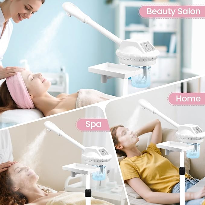 Facial Steamer Professional, Facial Steamer on Wheels with Storage Platform, Face Steamer with More Steam for Deep Cleansing and Hydration, Estheticians Steamer for Beauty, Spa and Home Use（White）