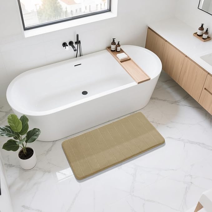 Yimobra Long Bath Mat 44"x24", Super Soft Quick Dry Memory Foam Bathroom Rug, Water Absorbent, Non Slip Backing Machine Washable for Tub Shower, Thick Comfort Support, Pale Khaki