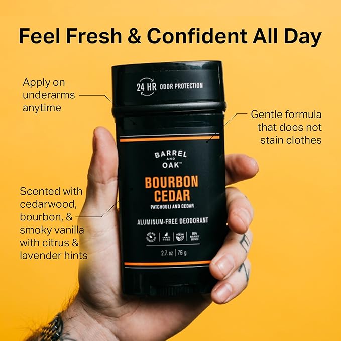 Barrel & Oak Aluminum Free Deodorant for Men, Natural Men's Deodorant with Patchouli & Cedar Essential Oil for Delicate Skin, Grooming Kit Gifts for Men, Bourbon Cedar, 2.7 oz