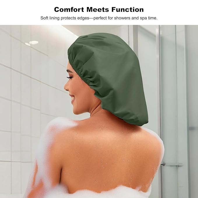 2 Pack Shower Caps for Women, Reusable Waterproof Shower Cap with Elastic Band, Thickened Waterproof Fabric Shower Bonnet for Braids, Long Hair (Pink and Green)