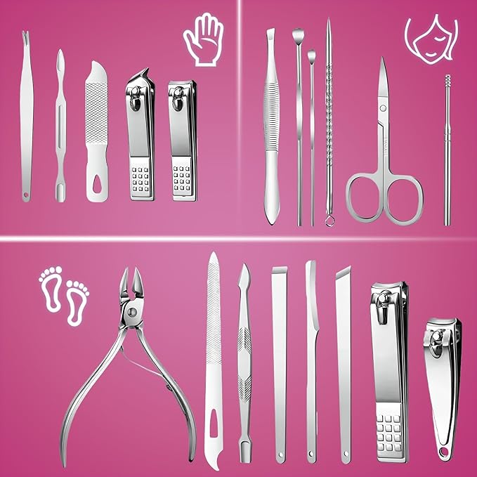 Manicure Set - 19 in 1 Professional Nail Clippers Pedicure Kit, Manicure Tool Kit, Stainless Steel Facial Grooming Set Kit, Gift Idea for Women, Men, Girls, Teens, Red