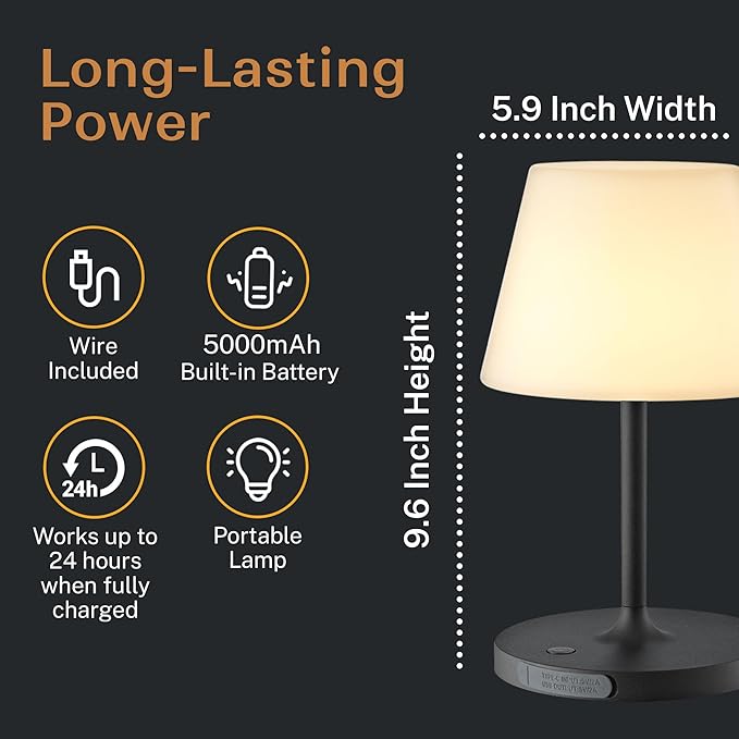 Cordless Lamp, 5000mAh Battery Operated Rechargeable Table Lamp with Power Bank, Touch Dimmable 3 Color Temperatures, IP44 Waterproof Shower Lamp for Kitchen, Bathroom, Indoor Or Outdoor Use 9.6in