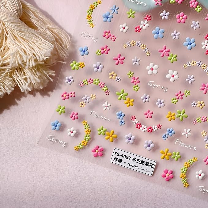 3 Sheets Flower Nail Art Stickers 5D Embossed Colorful Summer Spring Nail Stickers for Nail Art Cute Daisy Nail Decals Self Adhesive Flower Nails Supplies Spring Nail Design for Women Girls
