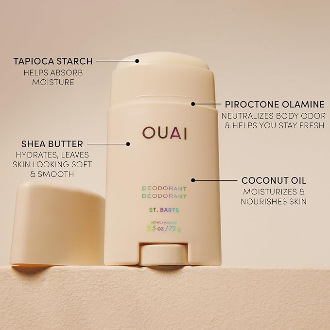 OUAI Aluminum Free Deodorant - Women's Deodorant with 24-Hour Odor Control & Invisible Application - Enriched with Notes of Dragon Fruit, Orange Blossom, & Tuberose - St. Barts (2.5 oz)