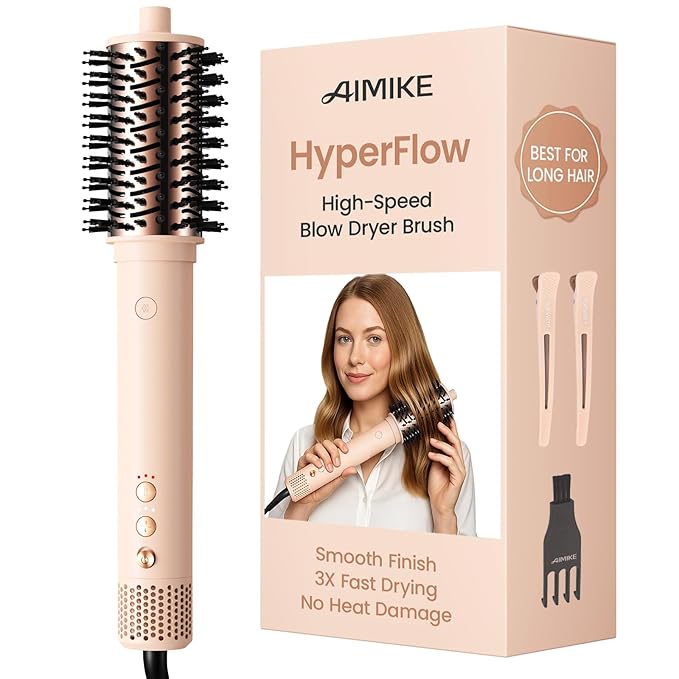 AIMIKE HyperFlow High Speed Blow Dryer Brush, One-Step Hair Dryer & Styler Volumizer, 3X Fast Drying & No Heat Damage, Detachable Hot Air Round Brush for Smooth Frizz-Free Blowout, 3.3'' Overall Dia