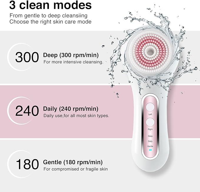 Face Scrubber Exfoliator, Rechargeable Facial Cleansing Brush with 2-Way Rotation & 3 Modes, 30-Day Runtime, 5 Brush Heads for SPA-Level Care, IPX7 Waterproof, Deep Cleaning for All Skin Types