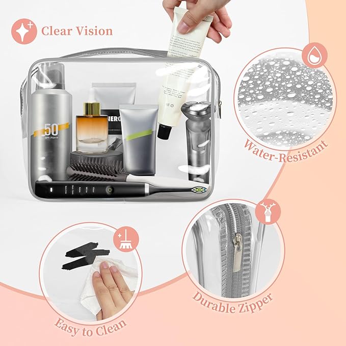 TISRATOK 12 PCS Clear Makeup Bag for Women with Zipper, TSA Approved Toiletry Pouch, Cosmetic Bag Bulk for Travel Organizer Essentials - Grey,Large