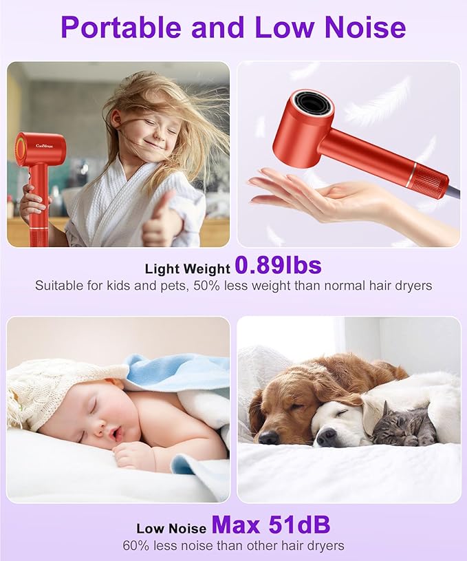 High-Speed Ionic Hair Dryer: 150000 RPM Brushless Motor 500 Millions Negative Ionic Care Blow Dryer for Fast Drying Low Noise Thermo-Control Hairdryer, Travel with Magnetic Diffuser & Nozzle