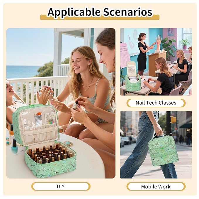 CUBETASTIC Nail Polish Organizer, Cute Nail Tech Organizers And Storage Bag Holds 45 Bottles & UV Nail Lamp, Compact Double-Layer Travel Nail Supplies Case for Nail Kit (Triangle Green, 27 Slots)