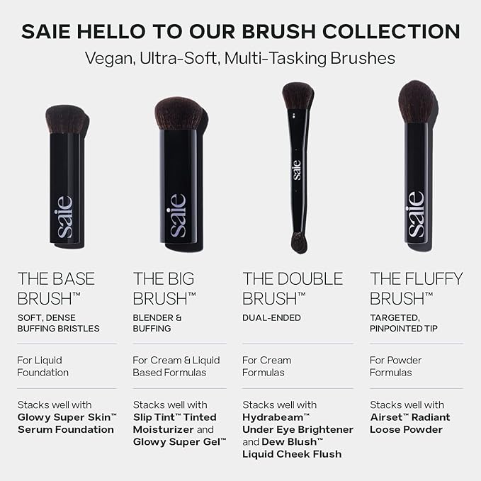 Saie The Double Brush - Dual Ended Makeup Brush For Powder and Cream Formulas - 2 Ultra-Soft Makeup Brushes in 1 for Precise + All-Over Application - Conceal, Highlight, and Sculpt - Vegan (1 Count)
