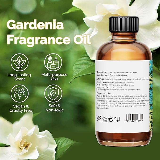Gardenia Fragrance Oil 2 Oz, Natural Scent Oil for Home Essential Oils Diffuser, Candle Making, Soap Making, DIY Body Oils, Perfume, Body Mist, Spray - Floral Scent