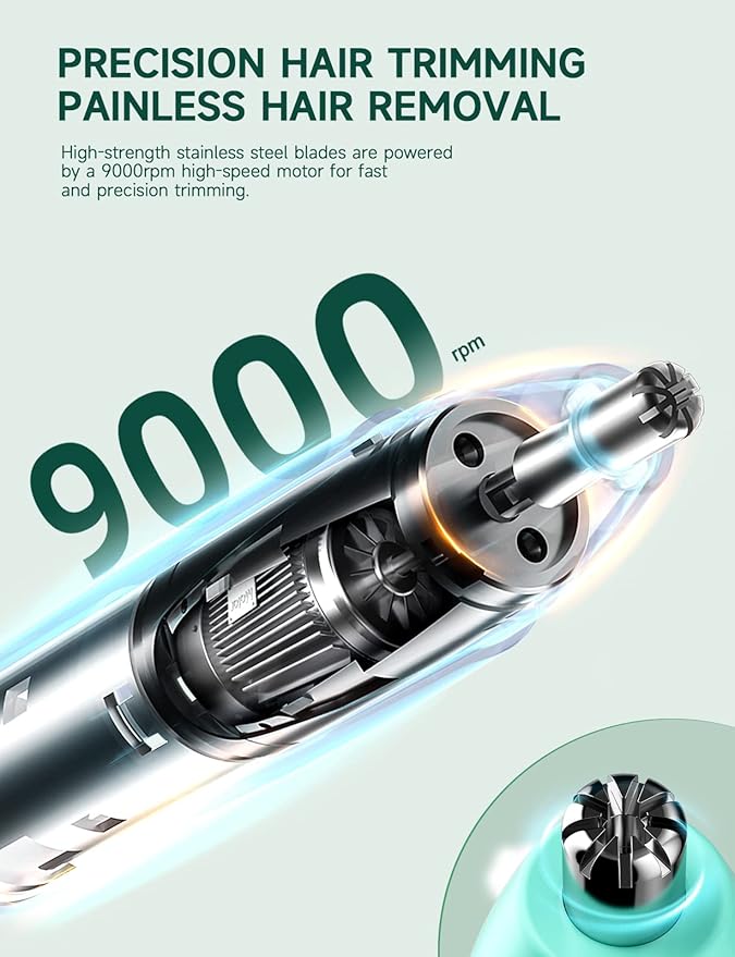 Rechargeable Ear and Nose Hair Trimmer - 2025 Professional Painless Eyebrow & Facial Hair Trimmer for Men Women, Powerful Motor and Dual-Edge Blades for Smoother Cutting Mint Green
