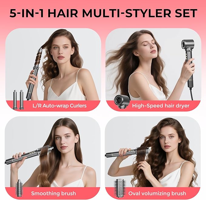 5 in 1 Hair Styler&Hair Dryer Brush,High-Speed Frizz-Free Blow Dryer,Ionic Fast Drying Hot Air Brush Air Styler Wrap, Auto Wrap Curler, Multi Styler Tools-Curl,Volumize, Straighten,Ideal Gift