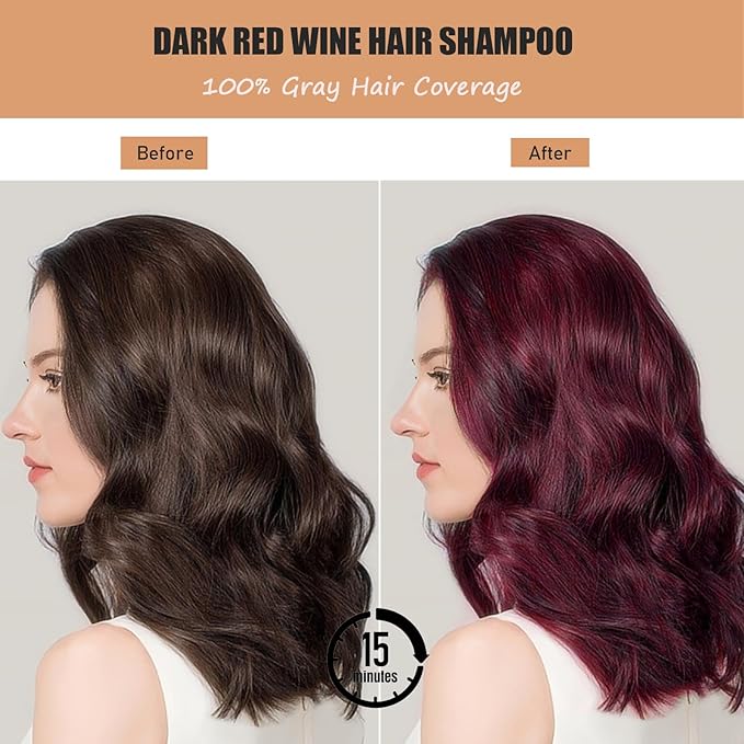 Instant Herbal Red Hair Color Shampoo - 3 in 1 Long-Lasting Hair Dye for Women and Men, 16.90 Fl Oz (Red Wine)