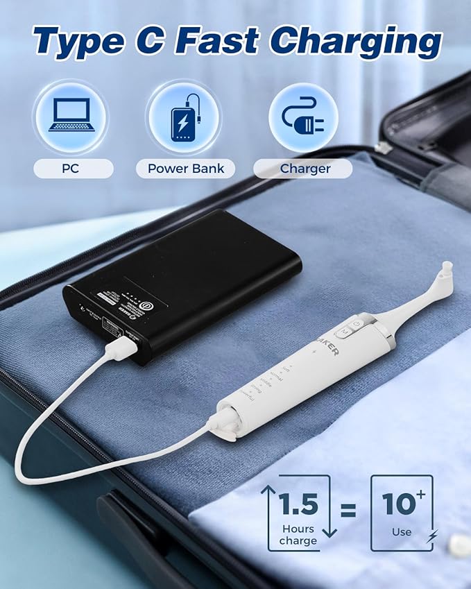 Saker Tooth Polisher, 2 Set Replacement Polishing Brush Heads(12pcs) Included, Rechargeable Tooth Polishing Kit, Dental Teeth Polisher with LED Light, 5 Speed Modes, Waterproof - White