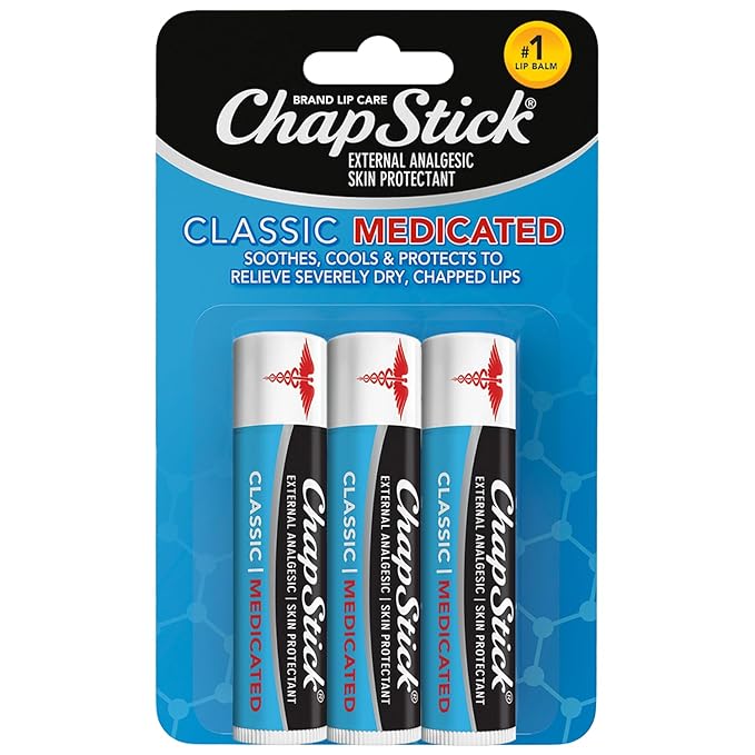 ChapStick Classic Medicated Lip Balm 3-Pack – External Analgesic, Skin Protectant for Dry Lips & Cold Sore Pain Relief, 0.15 Oz Ea