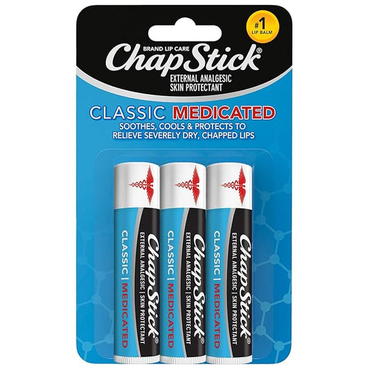 ChapStick Classic Medicated Lip Balm 3-Pack – External Analgesic, Skin Protectant for Dry Lips & Cold Sore Pain Relief, 0.15 Oz Ea