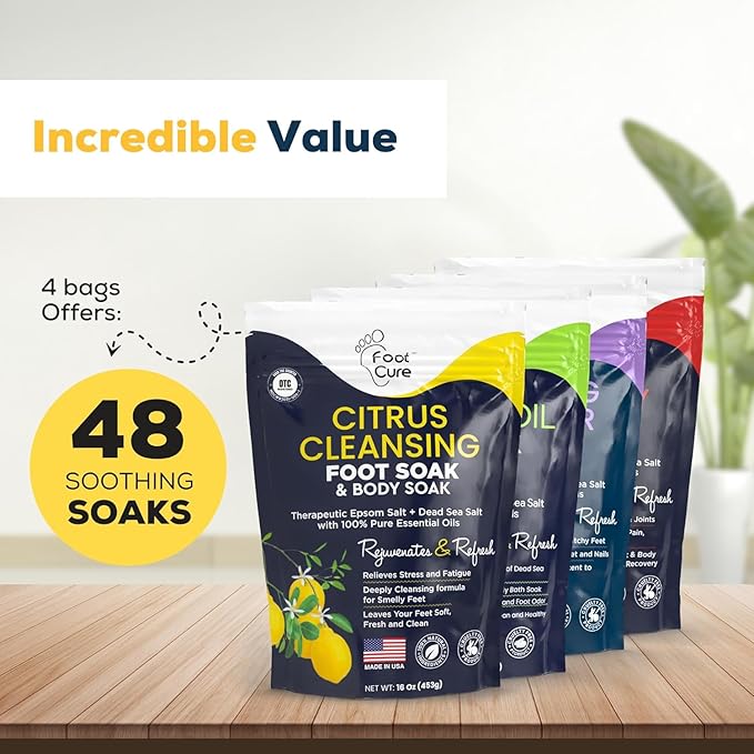 FOOT CURE Premium Epsom Salt Foot Soak - Tea Tree Oil Foot Soak for Athletes - Relaxing Foot Bath with Fungal Support - Foot Soaking Salts & Oils - Soothing for Tired Feet & Calluses (Pack of 4)