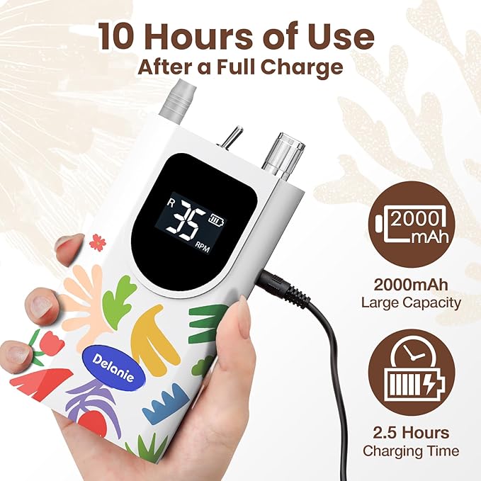 Delanie Professional Nail Drill High Torque 35000 RPM Rechargeable Portable Electric Nail File Filer for Acrylic Gel with Cuticle Bits, Salon Manicure Tool, Matisse White