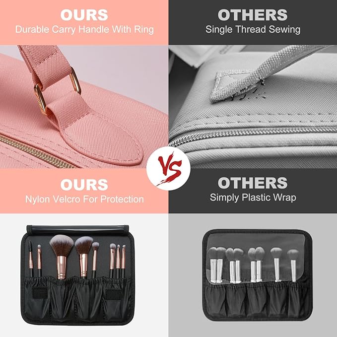 Mocado Travel Makeup Bag with LED Lighted Mirror,Travel Makeup Organizer,Makeup Case with 8 Makeup Brushes and 10x Magnifying Mirror,3 Colors Lighting, Adjustable Dividers Makeup Box(Pink)