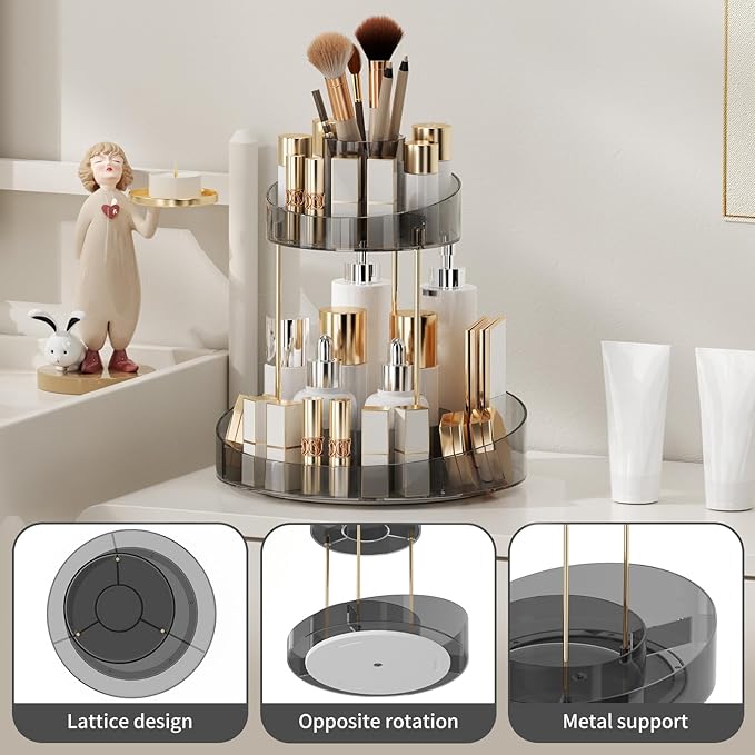 2 tier Makeup Organizer Countertop,360 Rotating Makeup Organizer for Skincare, Lipstick and Perfumes,Multi-function Cosmetic Display Cases for Vanity,Bathroom,Grey