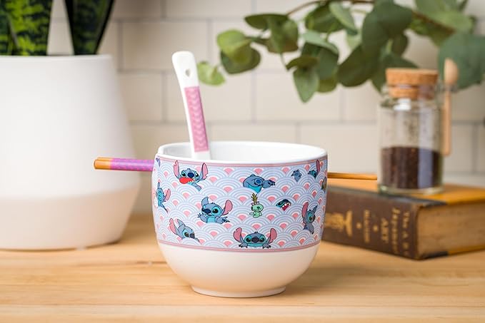 Silver Buffalo Disney Lilo and Stitch Scrump Waves Japanese Pattern Ceramic Ramen Noodle Rice Bowl with Chopsticks and Spoon, Microwave Safe, 20 Ounces