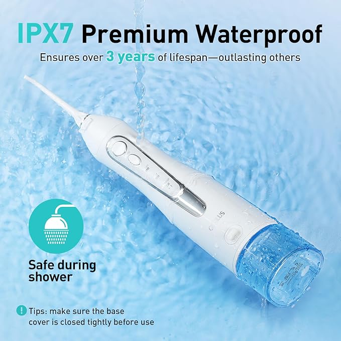 COSLUS Water Dental Flosser Teeth Pick: Portable Cordless Oral Irrigator 300ML Rechargeable Travel Irrigation Cleaner IPX7 Waterproof Electric Flossing Machine for Teeth Cleaning C20(F5020E) White